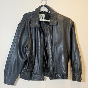Men’s Black Genuine Leather Bomber Jacket | Size Large | Classic Zip Front Coat